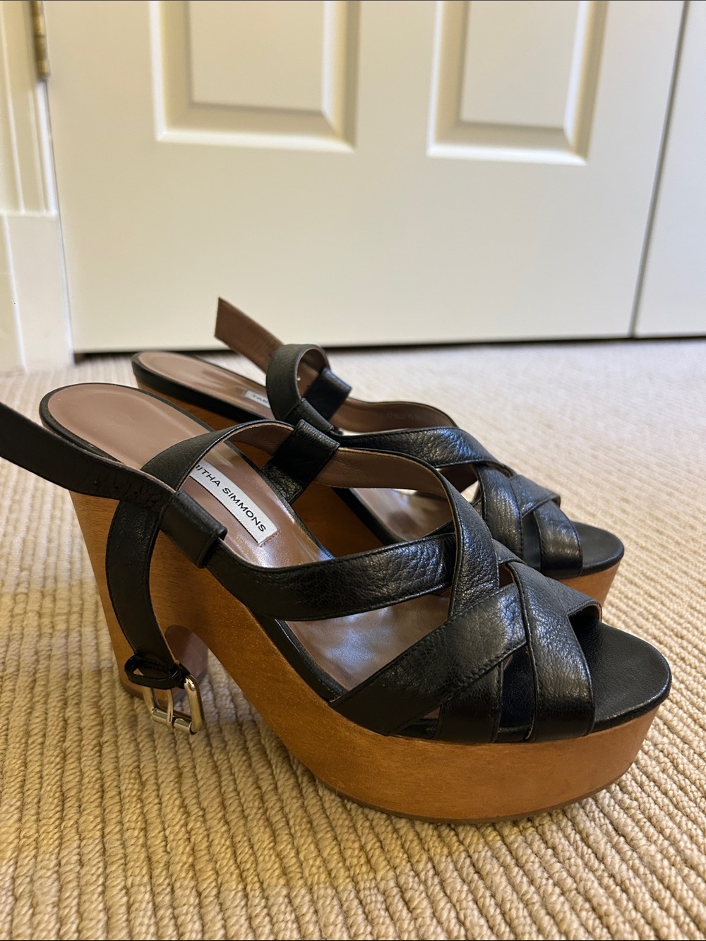 Black Leather Wooden Clog Heels